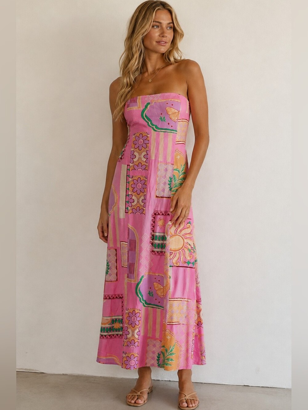 NWT Midnight Sky Strapless Linen Maxi Dress Size M Floral Sun Pink
